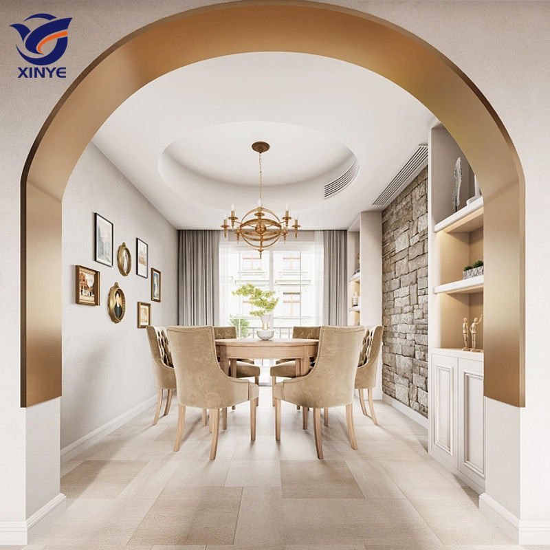 Premium gold decorative arch frame trim for fine dining restaurants with luxurious polished stainless steel finish, elegant arched doorway molding for luxury hospitality interiors and upscale restaurant entrances