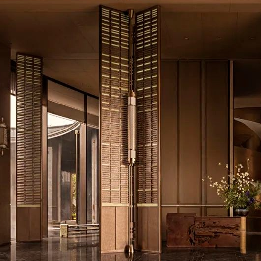 Hotel New Chinese Style Stainless Steel Partition Entrance Crystal Glass Screen Villa Sales Office Club Grille Background Wall