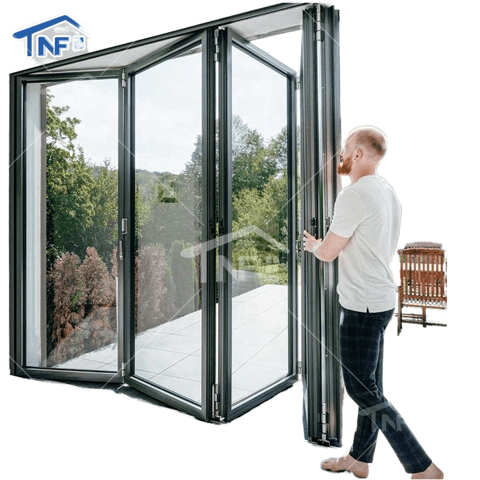 Apartment Commercial Modern Shopfronts Folding Sliding Stainless Steel Accordion Door With Glass Decorative Cover Frame Panels