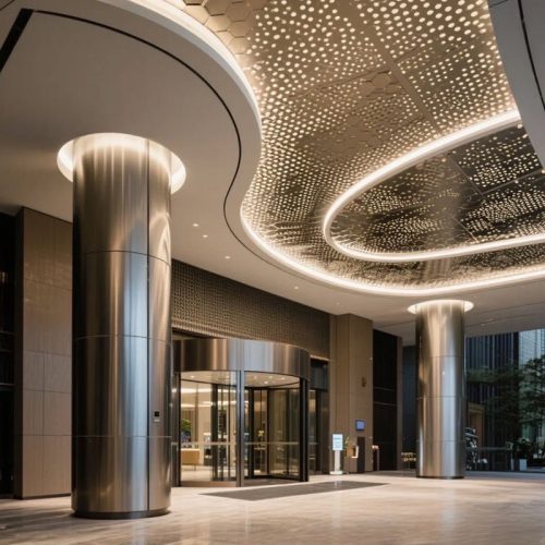 Custom stainless steel polished column cladding at hotel entrance by XinYe Metal