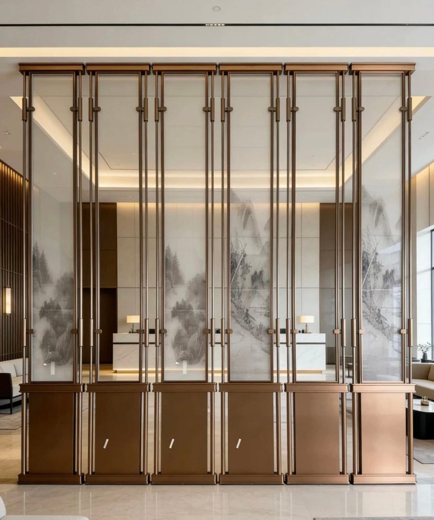 Fully customizable gold landscape partition from XinYe Metal with choice of mountain scene, calligraphy or floral motifs