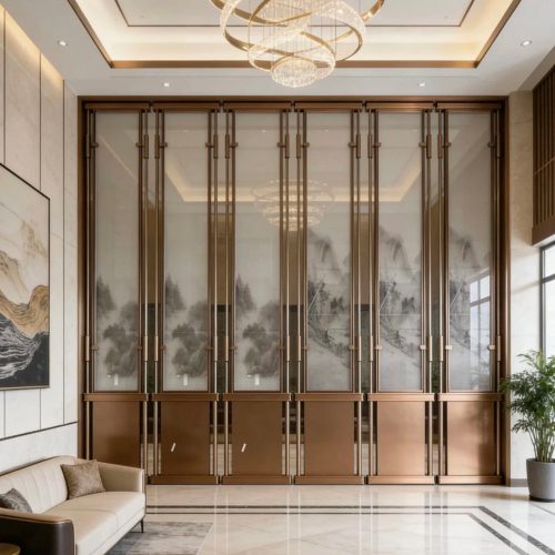 Shimmering large-scale gold partition by XinYe Metal with mixed brass and rose gold finishes