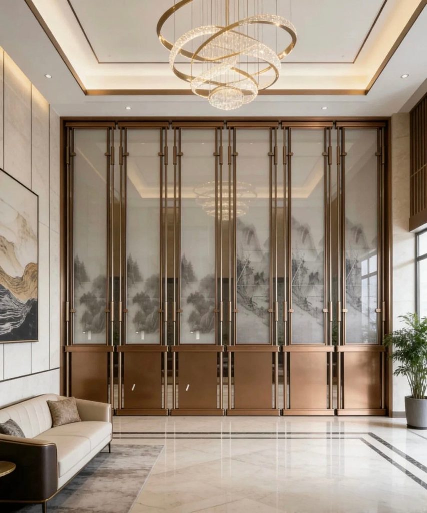 Shimmering large-scale gold partition by XinYe Metal with mixed brass and rose gold finishes