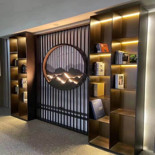 Custom metal decorative cabinet with integrated curtain wall by XinYe Metal, premium stainless steel design.
