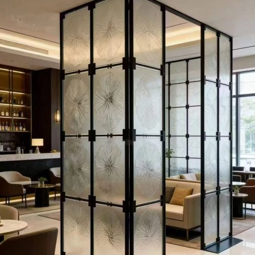 Custom vintage black and white metal screen with bold contrasting patterns for classic interior design