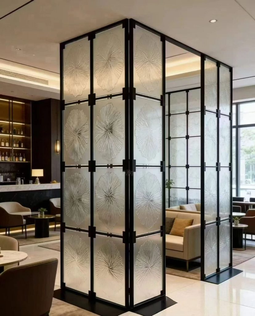 Custom vintage black and white metal screen with bold contrasting patterns for classic interior design
