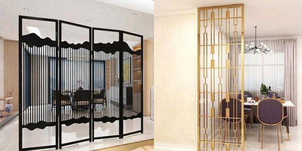 Metal partition screen for banquet halls by Xinye Metal featuring premium gold and black stainless steel room dividers with decorative laser-cut patterns for wedding venues, event spaces, and luxury hospitality interior design
