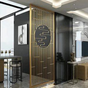 Metal partition custom manufacturer Xinye Metal featuring premium gold, black, and silver stainless steel room dividers with laser-cut designs, perforated patterns, and decorative screens for commercial, hospitality, and residential interior spaces