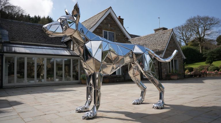 Large stainless steel dog sculpture custom made for modern outdoor garden decor