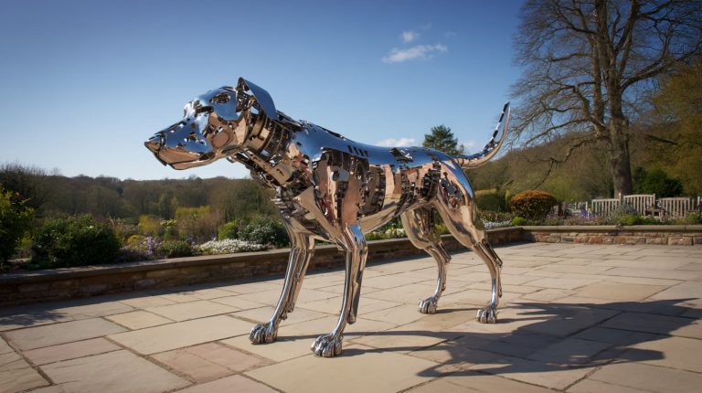 Abstract stainless steel dog sculpture custom design for modern landscape art