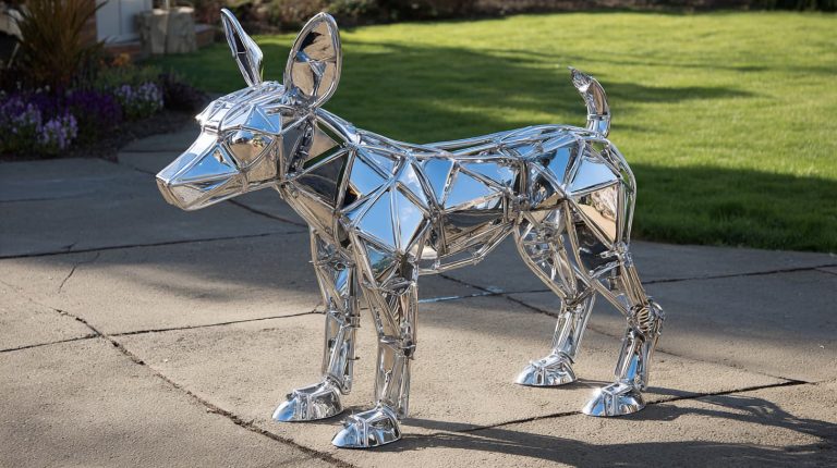 Lifelike stainless steel dog sculpture custom made for memorial or tribute garden