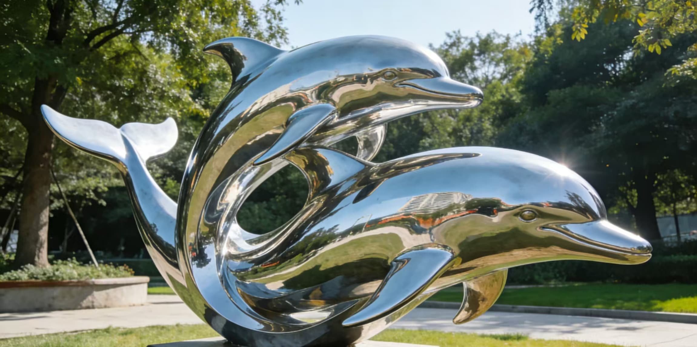 Handcrafted polished stainless steel dolphin sculpture in natural light