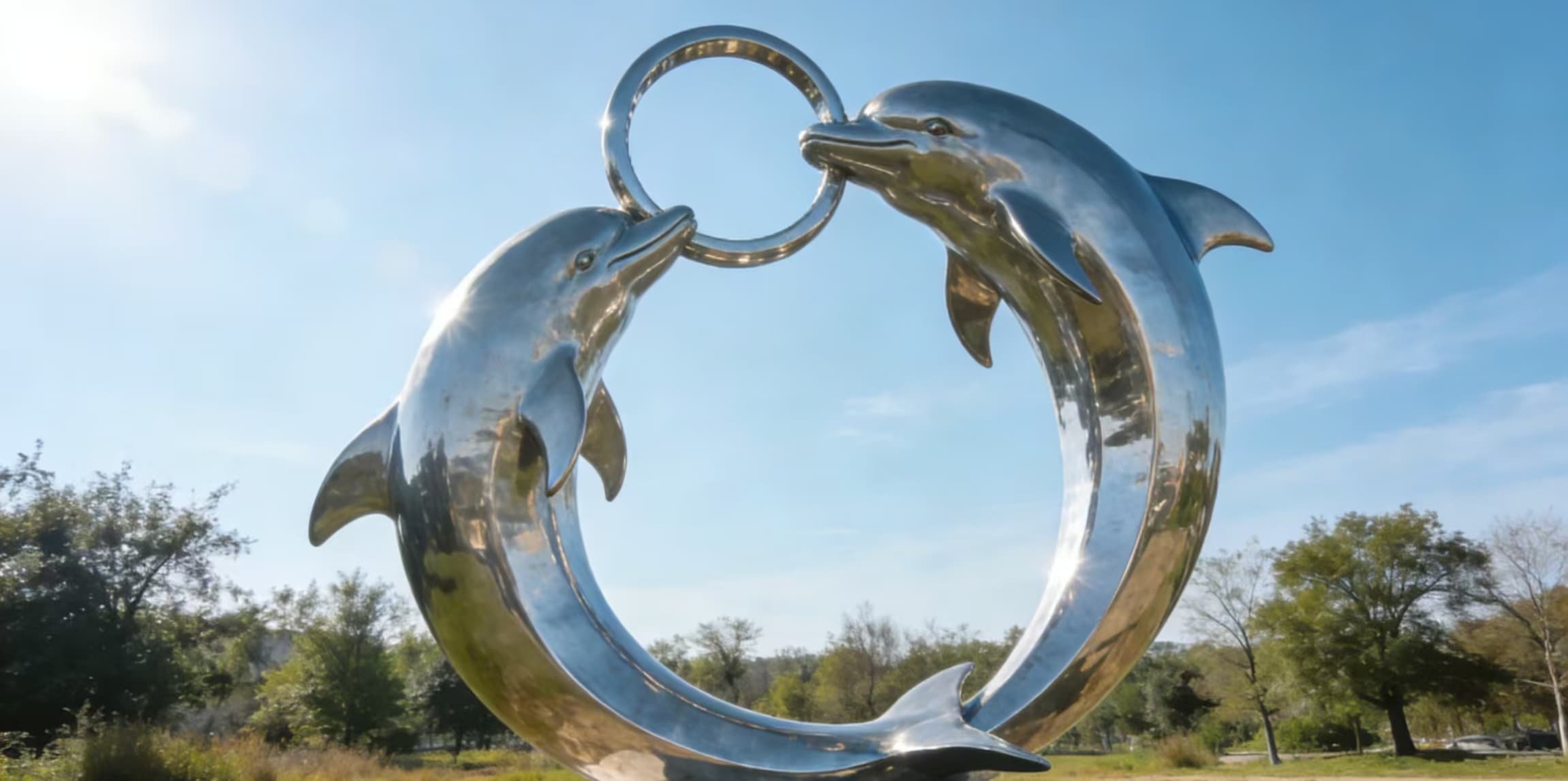 Polished stainless steel dolphin sculpture with smooth aerodynamic shape