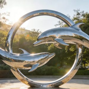 Custom-designed polished stainless steel dolphin sculpture with organic form