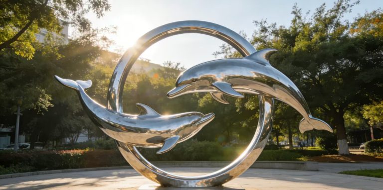 Custom-designed polished stainless steel dolphin sculpture with organic form
