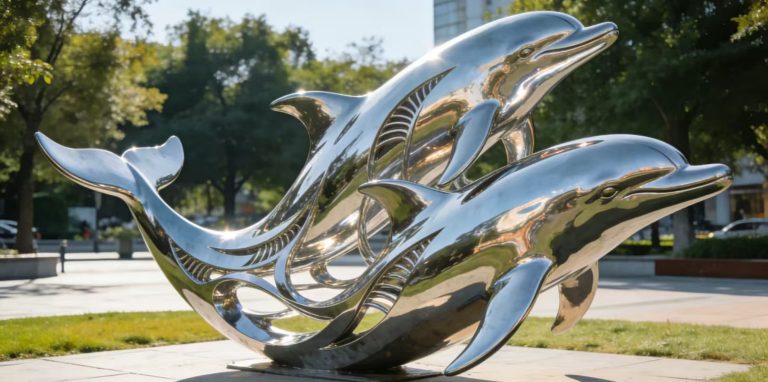 Minimalist polished stainless steel dolphin sculpture on display