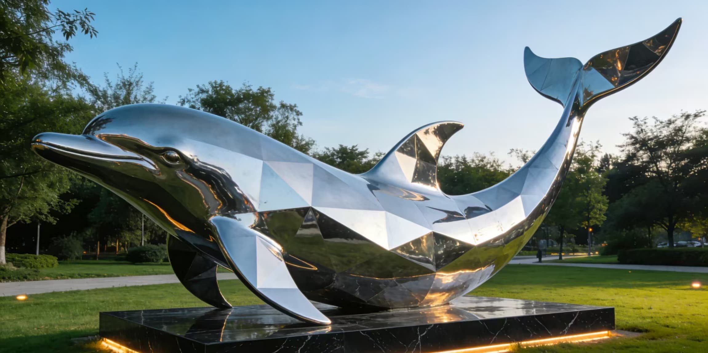 Polished stainless steel dolphin sculpture installed by a modern pool