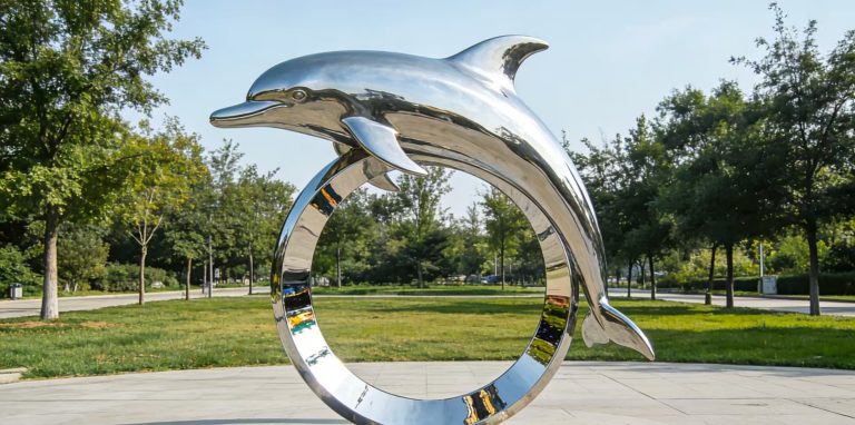 Abstract polished stainless steel dolphin sculpture for outdoor decor