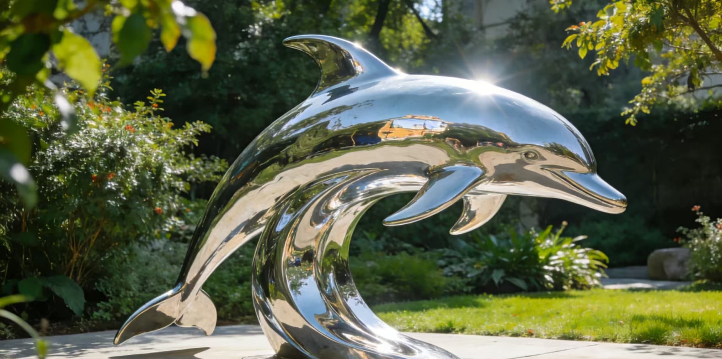 Custom polished stainless steel dolphin sculpture with smooth curves