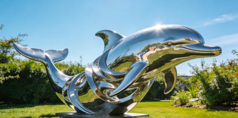 Modern polished stainless steel dolphin sculpture on a garden patio