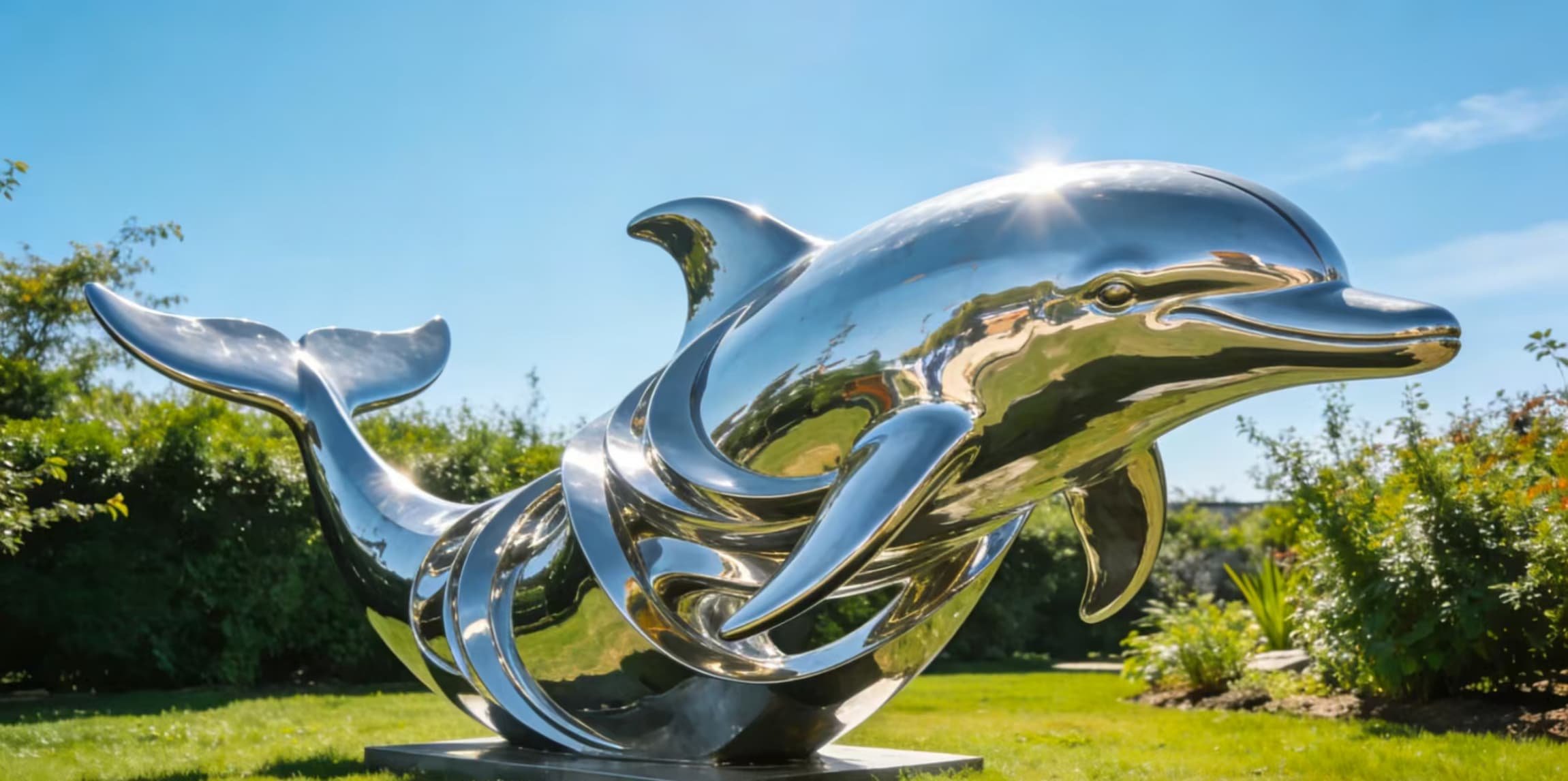 Modern polished stainless steel dolphin sculpture on a garden patio