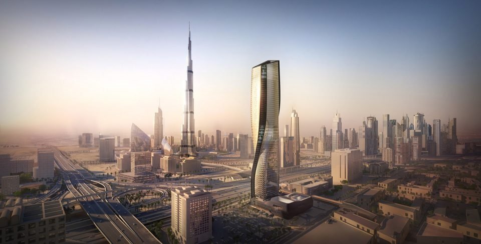 Award‑winning UAE architecture featuring stainless steel curtain walls and complex structural frameworks.