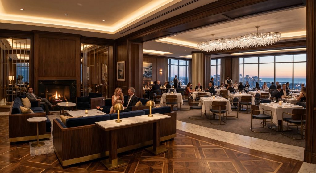 Modern restaurant interior featuring custom stainless steel honeycomb wall panels, decorative ceiling soffits, and metal partition screens with warm ambient lighting.