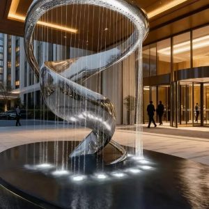 Large-scale polished metal fountain sculpture serving as a central landmark