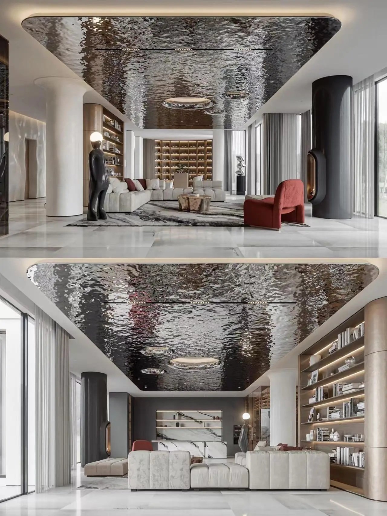 Wavy metallic surface texture resembling water ripples for facade decoration