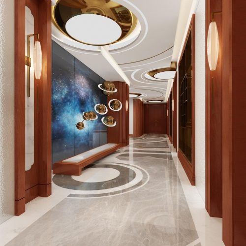 Custom-designed metallic lobby interior for a five-star hotel, featuring polished brass columns, a large central art installation, and warm ambient lighting.