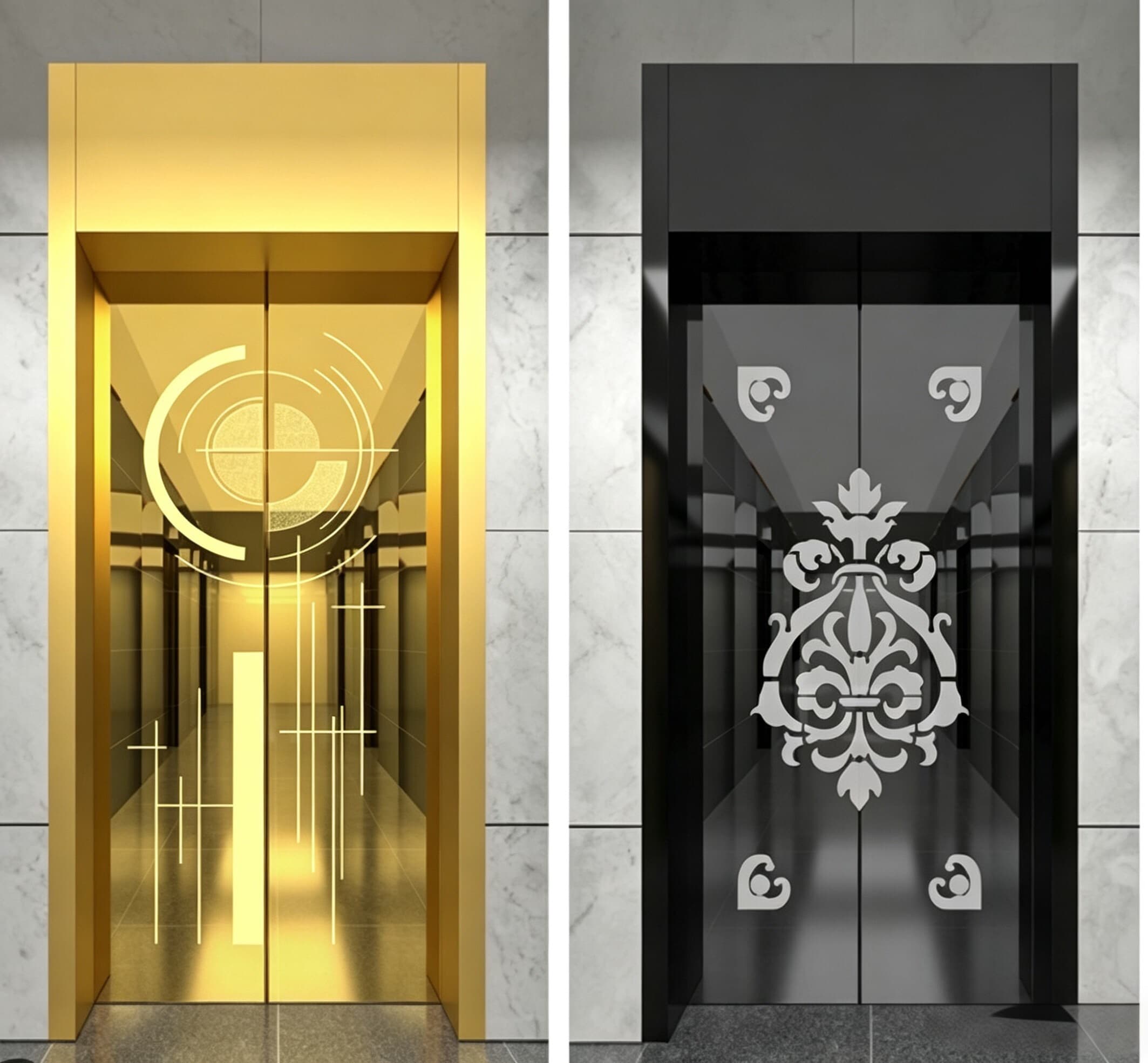 新叶金属展示一系列定制电梯装饰表面图案,展现多样的不锈钢表面处理效果。.