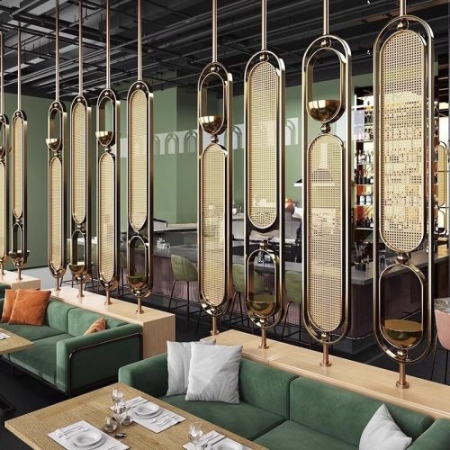 Decorative metal privacy partition for high-end restaurant dining areas