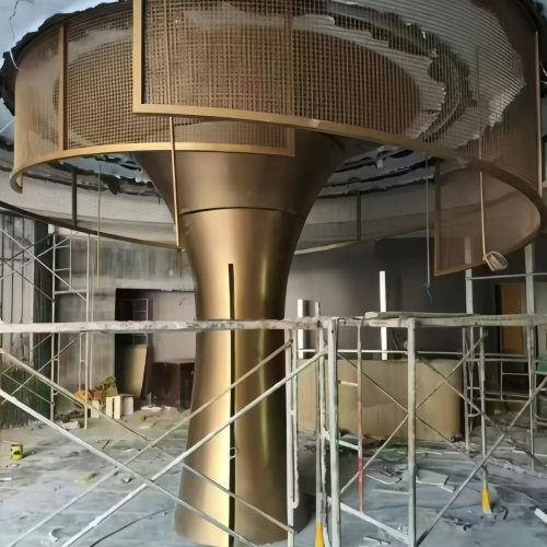 Installation site of gold mushroom-shaped metal column in Dubai by XinYe Metal.
