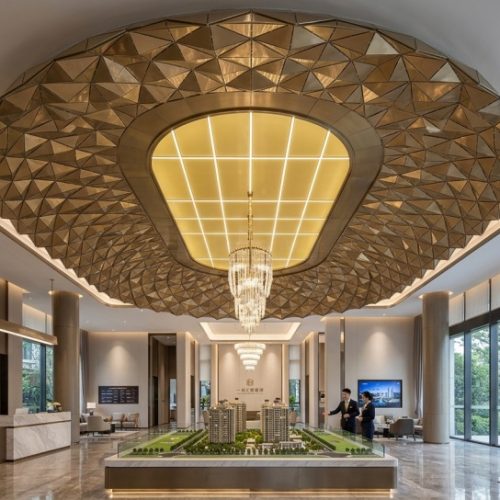Custom decorative stainless steel ceiling for sales center, bespoke architectural metal ceiling manufactured by XinYe Metal