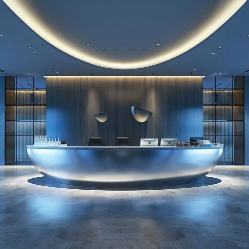 Custom ship-shaped stainless steel reception desk with polished curved hull, marine-inspired front panel, and integrated countertop, displayed in a modern corporate lobby.