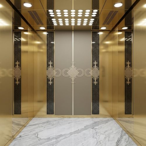 Luxury hotel elevator car interior with mirror-finish stainless steel panels and ambient LED lighting by XinYe Metal