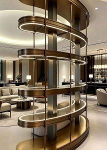 Custom curved stainless steel decorative cabinet with flowing arch-shaped profile, brushed metal surface, and integrated display shelves, installed in an upscale private club interior.