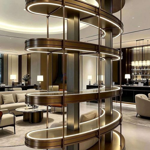 Custom curved stainless steel decorative cabinet with flowing arch-shaped profile, brushed metal surface, and integrated display shelves, installed in an upscale private club interior.