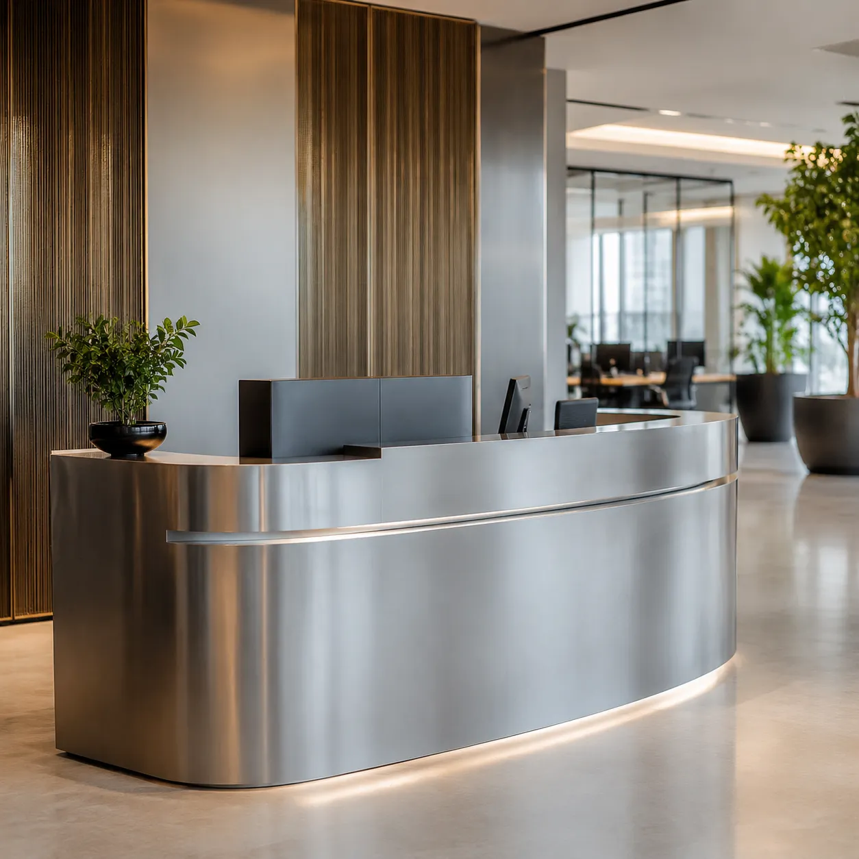Custom stainless steel reception desk with sleek brushed finish, manufactured by XinYe Metal, featuring modern design and durable construction for corporate lobbies.