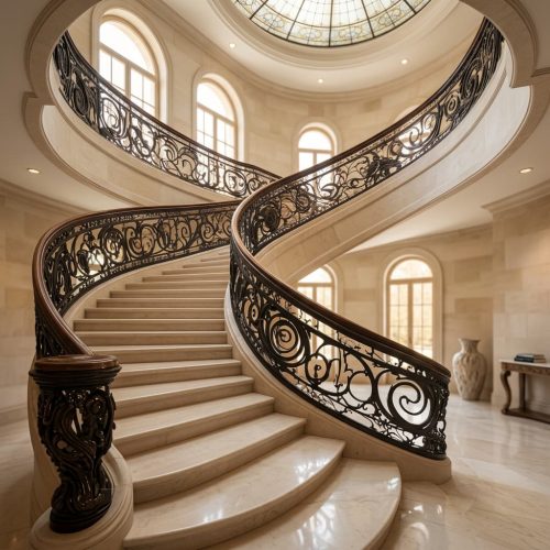 Elegant custom villa staircase with wrought iron balustrades, hardwood treads, and a sweeping curved design, installed in a high-end residential property.