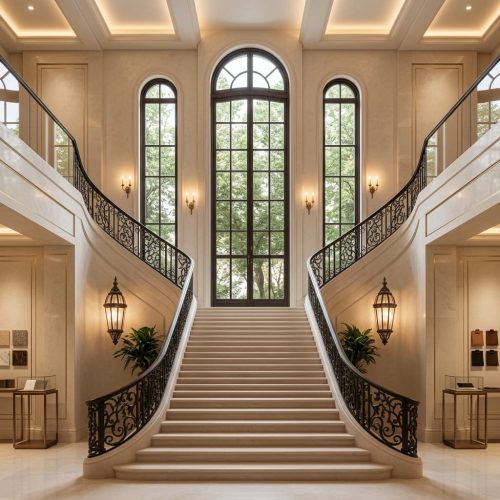 Ornate hand-forged wrought iron stair balustrades in classic European style, featuring intricate scrollwork and floral motifs, installed in a luxury mansion.