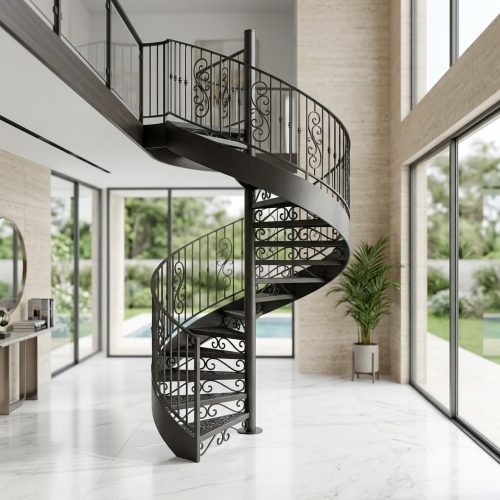 Ornate wrought iron spiral staircase with elegant scrollwork and a dark bronze finish, winding gracefully between floors in a modern home.