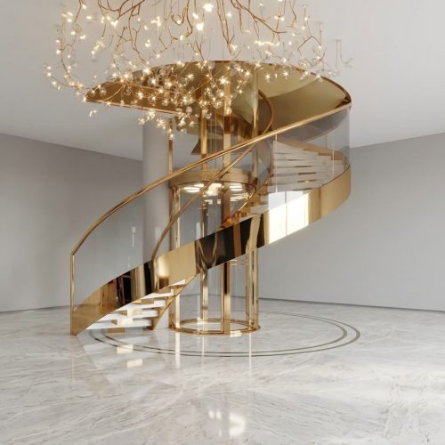 Luxurious gold-toned spiral staircase with ornate metal balustrades and polished brass handrails, custom-built for high-end residential or commercial interiors.