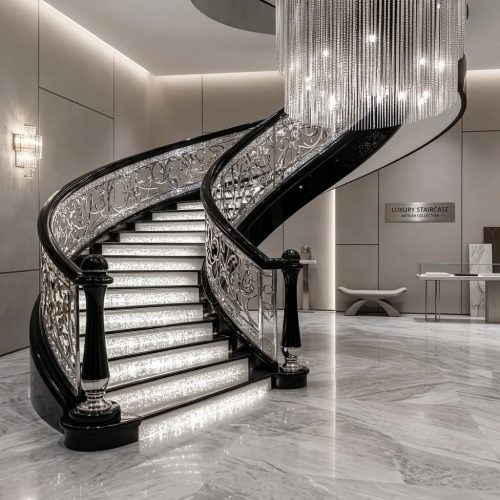Ornate custom wrought iron stair handrails with elegant scrollwork and a durable matte black finish, securely mounted along a grand staircase in a luxury residence.