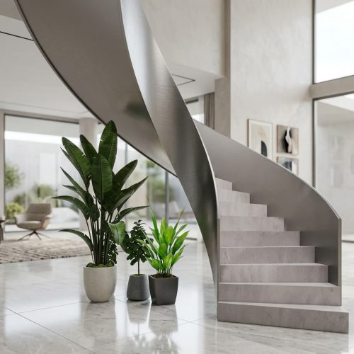 Contemporary metal staircase with sleek handrails and open risers, custom-designed for a luxury apartment interior.