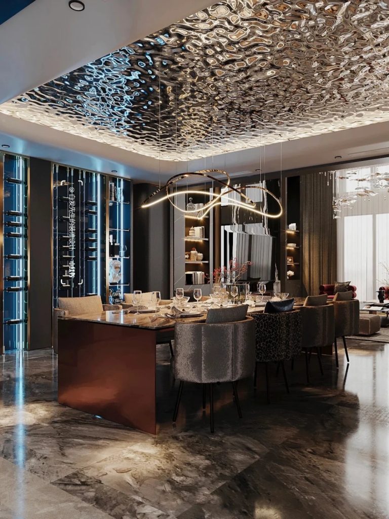 Luxury villa interior with water ripple stainless steel wall and ceiling panels, soft wave reflection, metallic sheen, and modern elegant ambiance.