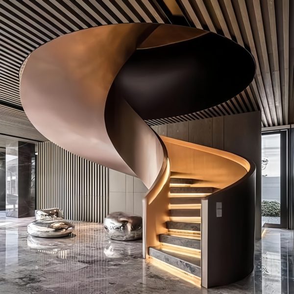 metal spiral staircase with integrated LED lighting