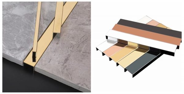U-shaped stainless steel tile trim manufacturer Xinye Metal featuring premium gold, black, and silver U-channel edge profiles for ceramic tile finishing, wall corners, and floor transition applications in residential and commercial projects