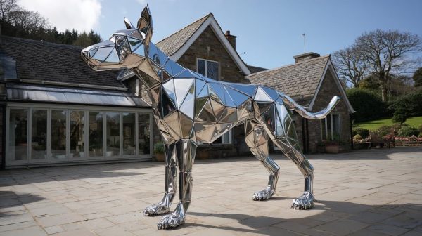 Large stainless steel dog sculpture custom made for modern outdoor garden decor