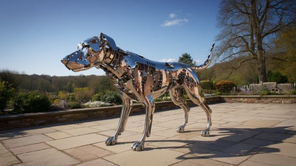 Abstract stainless steel dog sculpture custom design for modern landscape art